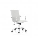 This photograph features a sleek and modern executive chair, crafted with a medium back and soft bonded leather in a crisp white color. The chair exudes a sense of sophistication and professionalism, making it a great addition to any dynamic office environment.