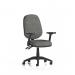 A sleek and modern photos showcases the Dynamic General Desk Chairs Eclipse Plus II Lever Task Operator Chair. Its charcoal color adds a touch of sophistication while the height adjustable and folding arms provide comfort and functionality.