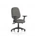 The photo captures the modern style and functionality of Eclipse General Desk Chairs Eclipse Plus III. Its sleek design features a lever for easy adjustment, foldable arms for added comfort, and a chic charcoal color. Perfect for any office space.