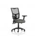 The photo shows a modern and ergonomic Eclipse Plus III Lever Task Operator Chair in a charming charcoal color with a breathable mesh back. The chair features adjustable height and folding arms for added comfort and convenience.