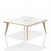 This picture features a modern office setting with a dynamic bench desk measuring 1400mm. The desk has a white top with a natural wood edge, complemented by a white frame. It is built for two people and designed for a professional and stylish work environment.