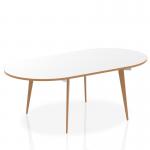 In this picture, we see a sleek and modern boardroom with a dynamic oval table measuring 2400mm in length. The white top contrasts beautifully with the natural wood edge, and the white frame adds a touch of elegance. This boardroom is perfect for conducting productive meetings and conferences.
