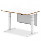 Oslo 1200mm Height Adjustable Office Desk White Top Natural Wood Edge White Frame With White Steel Modesty Panel OSL0134