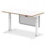 Oslo 1400mm Height Adjustable Office Desk White Top Natural Wood Edge White Frame With White Steel Modesty Panel OSL0135