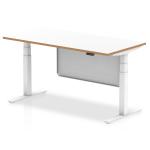 Oslo 1600mm Height Adjustable Office Desk White Top Natural Wood Edge White Frame With White Steel Modesty Panel OSL0136