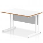 This photograph shows a sleek and modern office desk with a scalloped edge and white top. The natural wood edge adds a touch of warmth to the design, while the white cantilever leg provides stability and support. The dynamic rectangle shape offers plenty of space for work or meetings.