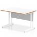 This photograph shows a sleek and modern office desk with a scalloped edge and white top. The natural wood edge adds a touch of warmth to the design, while the white cantilever leg provides stability and support. The dynamic rectangle shape offers plenty of space for work or meetings.
