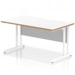 This picture shows a dynamic rectangular office desk, measuring 1400 x 800mm, with a scalloped edge and a white top. The desk features a natural wood edge and is supported by a white cantilever leg. It is suitable for a straight configuration and is perfect for any modern office space.