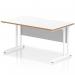 This picture shows a dynamic rectangular office desk, measuring 1400 x 800mm, with a scalloped edge and a white top. The desk features a natural wood edge and is supported by a white cantilever leg. It is suitable for a straight configuration and is perfect for any modern office space.