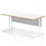 This image shows a dynamic and modern rectangular office desk in Oslo, measuring 1600 x 800mm. It features a scalloped edge and a sleek white top with a natural wood edge. The desk is supported by white cantilever legs, creating a clean and professional look.