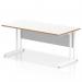 This image shows a dynamic and modern rectangular office desk in Oslo, measuring 1600 x 800mm. It features a scalloped edge and a sleek white top with a natural wood edge. The desk is supported by white cantilever legs, creating a clean and professional look.