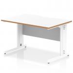 This photo shows a sleek and modern Dynamic Cable Managed desk, measuring 1200 x 800mm, with a scalloped edge and straight design. The desk features a white top with a natural wood edge and white cable managed legs, creating a clean and organized workspace.