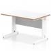 This photo shows a sleek and modern Dynamic Cable Managed desk, measuring 1200 x 800mm, with a scalloped edge and straight design. The desk features a white top with a natural wood edge and white cable managed legs, creating a clean and organized workspace.