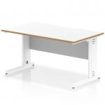 The photograph features a sleek and modern dynamic cable managed desk, measuring 1400 x 800mm, with a scalloped edge and straight design. The desk has a white top with a natural wood edge and white cable managed leg. It exudes a clean and organized look, perfect for any office space.