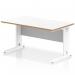 The photograph features a sleek and modern dynamic cable managed desk, measuring 1400 x 800mm, with a scalloped edge and straight design. The desk has a white top with a natural wood edge and white cable managed leg. It exudes a clean and organized look, perfect for any office space.