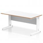 This picture features a sleek and modern Dynamic Oslo office desk in a white finish, measuring 1600 x 800mm. The desk boasts a scalloped edge and white cable managed legs, with a natural wood edge on the top. Perfect for a contemporary and organized workspace.