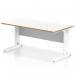 This picture features a sleek and modern Dynamic Oslo office desk in a white finish, measuring 1600 x 800mm. The desk boasts a scalloped edge and white cable managed legs, with a natural wood edge on the top. Perfect for a contemporary and organized workspace.