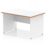 This image shows a modern office desk with a white top and natural wood edge. The desk has a scalloped edge and is supported by white panel end legs. It measures 1200 x 800mm and has a sleek and dynamic appearance.