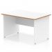 This image shows a modern office desk with a white top and natural wood edge. The desk has a scalloped edge and is supported by white panel end legs. It measures 1200 x 800mm and has a sleek and dynamic appearance.