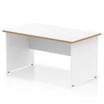 This photo features a sleek and modern Dynamic Panel End Desk in Oslo design. The desk measures 1400 x 800mm and has a scalloped edge for added style. The top is a clean white color with a natural wood edge, while the panel end leg is also white for a cohesive look.