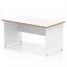 This photo features a sleek and modern Dynamic Panel End Desk in Oslo design. The desk measures 1400 x 800mm and has a scalloped edge for added style. The top is a clean white color with a natural wood edge, while the panel end leg is also white for a cohesive look.