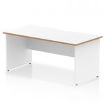 The photograph shows a 1600 x 800mm Oslo office desk with a scalloped edge and a white top with natural wood edges. The desk has white panel end legs, giving it a sleek and modern look. This desk is perfect for any professional workspace.