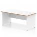 The photograph shows a 1600 x 800mm Oslo office desk with a scalloped edge and a white top with natural wood edges. The desk has white panel end legs, giving it a sleek and modern look. This desk is perfect for any professional workspace.