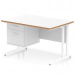 This picture shows a dynamic pedestal desk with a scalloped edge, a natural wood edge, and a white top. It features a white cantilever leg, measures 1200 x 800mm, and includes a 2 drawer fixed pedestal. This workstation is stylish and functional.