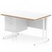 This picture shows a dynamic pedestal desk with a scalloped edge, a natural wood edge, and a white top. It features a white cantilever leg, measures 1200 x 800mm, and includes a 2 drawer fixed pedestal. This workstation is stylish and functional.