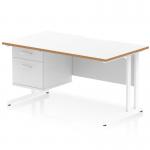 The Dynamic Pedestal Desk Oslo features a sleek scalloped edge and straight design, with a white top and natural wood edge. The white cantilever leg adds stability to the workstation, which also includes a 2 drawer fixed pedestal for storage.