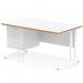 The Dynamic Pedestal Desk Oslo features a sleek scalloped edge and straight design, with a white top and natural wood edge. The white cantilever leg adds stability to the workstation, which also includes a 2 drawer fixed pedestal for storage.