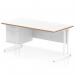 The Dynamic Pedestal Desk Oslo 1600 x 800mm features a sleek white top with a natural wood edge and a scalloped edge design. It is supported by white cantilever legs and includes a 2 drawer fixed pedestal for storage. A modern and functional workstation for any office space.