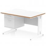 This photograph features a sleek and modern Dynamic Pedestal Desk from Oslo, measuring 1200 x 800mm with a scalloped edge. The desk has a white top with a natural wood edge and is supported by white cable-managed legs. The workstation also includes a 2-drawer fixed pedestal.