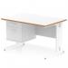 This photograph features a sleek and modern Dynamic Pedestal Desk from Oslo, measuring 1200 x 800mm with a scalloped edge. The desk has a white top with a natural wood edge and is supported by white cable-managed legs. The workstation also includes a 2-drawer fixed pedestal.