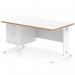 The picture features a sleek, white top desk with a natural wood edge and scalloped edge detailing. The legs are cable managed and there is a fixed 2-drawer pedestal for storage. The desk measures 1400 x 800mm and has a modern, dynamic appearance.