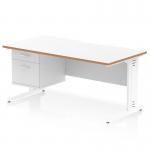 This image shows a sleek and modern dynamic pedestal desk with scalloped edges and a white top. The natural wood edge adds a touch of warmth to the overall design. The desk includes a cable managed leg workstation and a 2 drawer fixed pedestal for storage. The Oslo 1600 x 800mm desk is perfect for any office space looking for a contemporary and functional workspace.