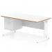 This image shows a sleek and modern dynamic pedestal desk with scalloped edges and a white top. The natural wood edge adds a touch of warmth to the overall design. The desk includes a cable managed leg workstation and a 2 drawer fixed pedestal for storage. The Oslo 1600 x 800mm desk is perfect for any office space looking for a contemporary and functional workspace.