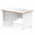 This photo showcases a dynamic pedestal desk with a scalloped edge, measuring 1200 x 800mm. The white top is complemented by natural wood edges and a white panel end leg. It features a 2 drawer fixed pedestal and is perfect for a modern office workstation.