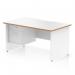 A sleek, modern office desk with a scalloped edge and white top. The natural wood edge adds a touch of warmth. The desk features one fixed pedestal with two drawers, perfect for storing office supplies. The white panel end leg completes the streamlined look. Dimensions are 1400 x 800mm.