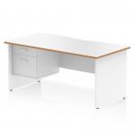 This picture shows a sleek and modern Dynamic Pedestal Desk in Oslo design. It has a white top with a scalloped edge and natural wood trim, complemented by white panel end legs. The desk measures 1600 x 800mm and comes with a 2 drawer fixed pedestal for storage. It creates a stylish and functional workstation for any office.