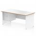 This picture shows a sleek and modern Dynamic Pedestal Desk in Oslo design. It has a white top with a scalloped edge and natural wood trim, complemented by white panel end legs. The desk measures 1600 x 800mm and comes with a 2 drawer fixed pedestal for storage. It creates a stylish and functional workstation for any office.