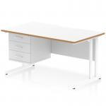 This photo features a sleek Dynamic Pedestal Desk in Oslo, measuring 1400 x 800mm. It has a scalloped edge and a white top with a natural wood edge. The desk is supported by a white cantilever leg and comes with 1 x 3 drawer fixed pedestal, labeled OSL0165.