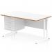 This photo features a sleek Dynamic Pedestal Desk in Oslo, measuring 1400 x 800mm. It has a scalloped edge and a white top with a natural wood edge. The desk is supported by a white cantilever leg and comes with 1 x 3 drawer fixed pedestal, labeled OSL0165.