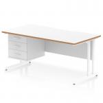 The Dynamic Pedestal Desk Oslo is a sleek and modern workstation with a scalloped edge and white top. The natural wood edge and cantilever leg add a touch of warmth to the design. It also comes equipped with a 3 drawer fixed pedestal for added storage.