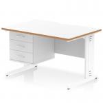 The Dynamic Pedestal Desk in Oslo features a sleek white top with a natural wood edge and scalloped edge design. It also has a cable managed leg workstation and comes with a fixed 3 drawer pedestal for storage.