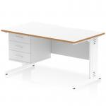 The Dynamic Pedestal Desk Oslo is a sleek and modern workstation with a scalloped edge white top and natural wood edging. It features a white cable managed leg and comes with a 3 drawer fixed pedestal for storage. This 1400 x 800mm desk is perfect for any office space.