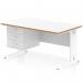 The Dynamic Pedestal Desk Oslo is a sleek and modern workstation with a scalloped edge white top and natural wood edging. It features a white cable managed leg and comes with a 3 drawer fixed pedestal for storage. This 1400 x 800mm desk is perfect for any office space.