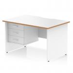 This photograph captures a stunning Dynamic Pedestal Desk Oslo in a crisp white top with a natural wood edge. The desk boasts a scalloped edge and straight design, with a white panel end leg for a sleek and modern look. It also includes a convenient 3 drawer fixed pedestal for added storage and functionality.
