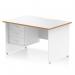 This photograph captures a stunning Dynamic Pedestal Desk Oslo in a crisp white top with a natural wood edge. The desk boasts a scalloped edge and straight design, with a white panel end leg for a sleek and modern look. It also includes a convenient 3 drawer fixed pedestal for added storage and functionality.