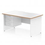 This picture shows a Dynamic Pedestal Desk with a 1400 x 800mm white top, scalloped edge, and natural wood edge. It has a white panel end leg and comes with a 3 drawer fixed pedestal. Perfect for any office workstation.